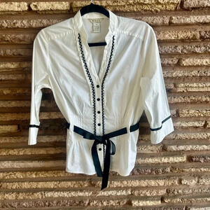 NEXX White with Black Accents Grosgrain Ribbon Blouse Size 10